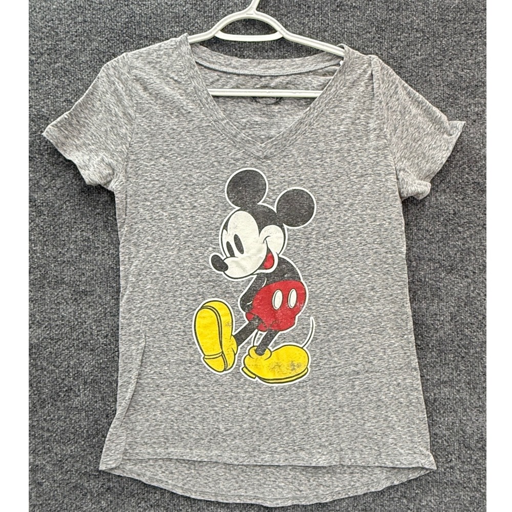 Disney Mickey Mouse T-Shirt Women Small Gray V-Neck Graphic Tee Casual Disneyana
